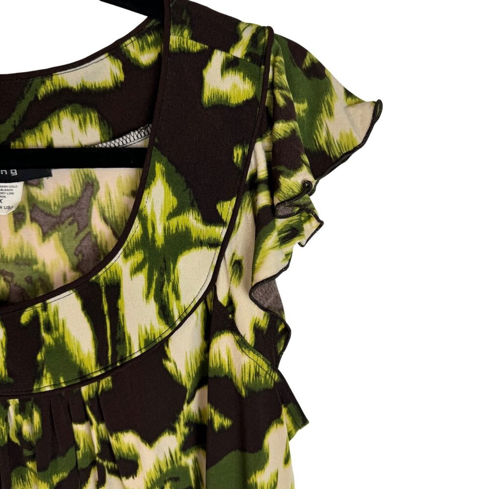 Y2K Witchy Grunge Whimsigoth Sz 1x Stretch Ruffled Sleeve Green Brown Top - Picture 3 of 7